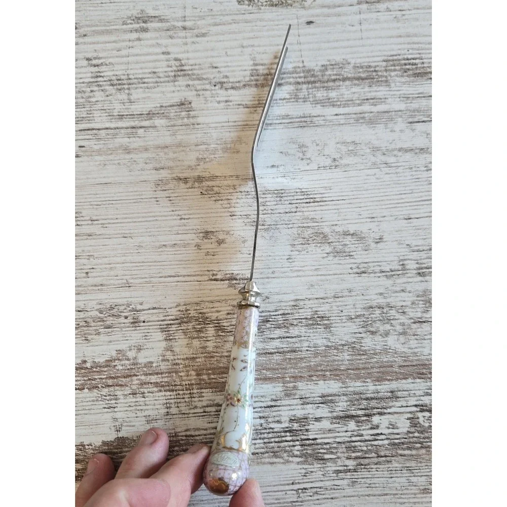 Vtg Sheffield England Porcelain Handle Serving Fork Ornate Floral 3-Tine Gold